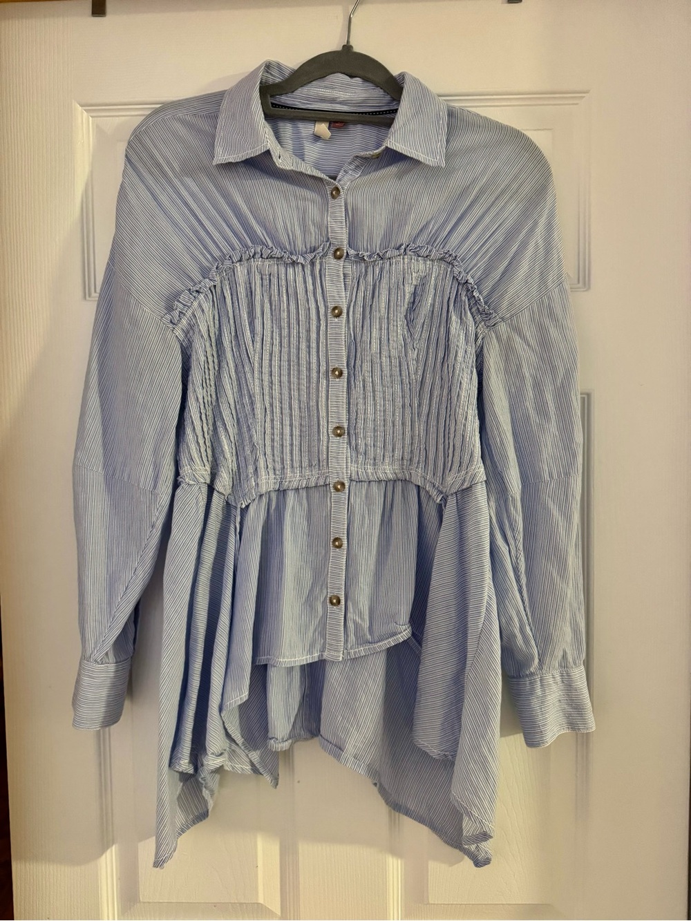 Anthropologie Light Blue Striped Smocked Peplum Button-Up Blouse